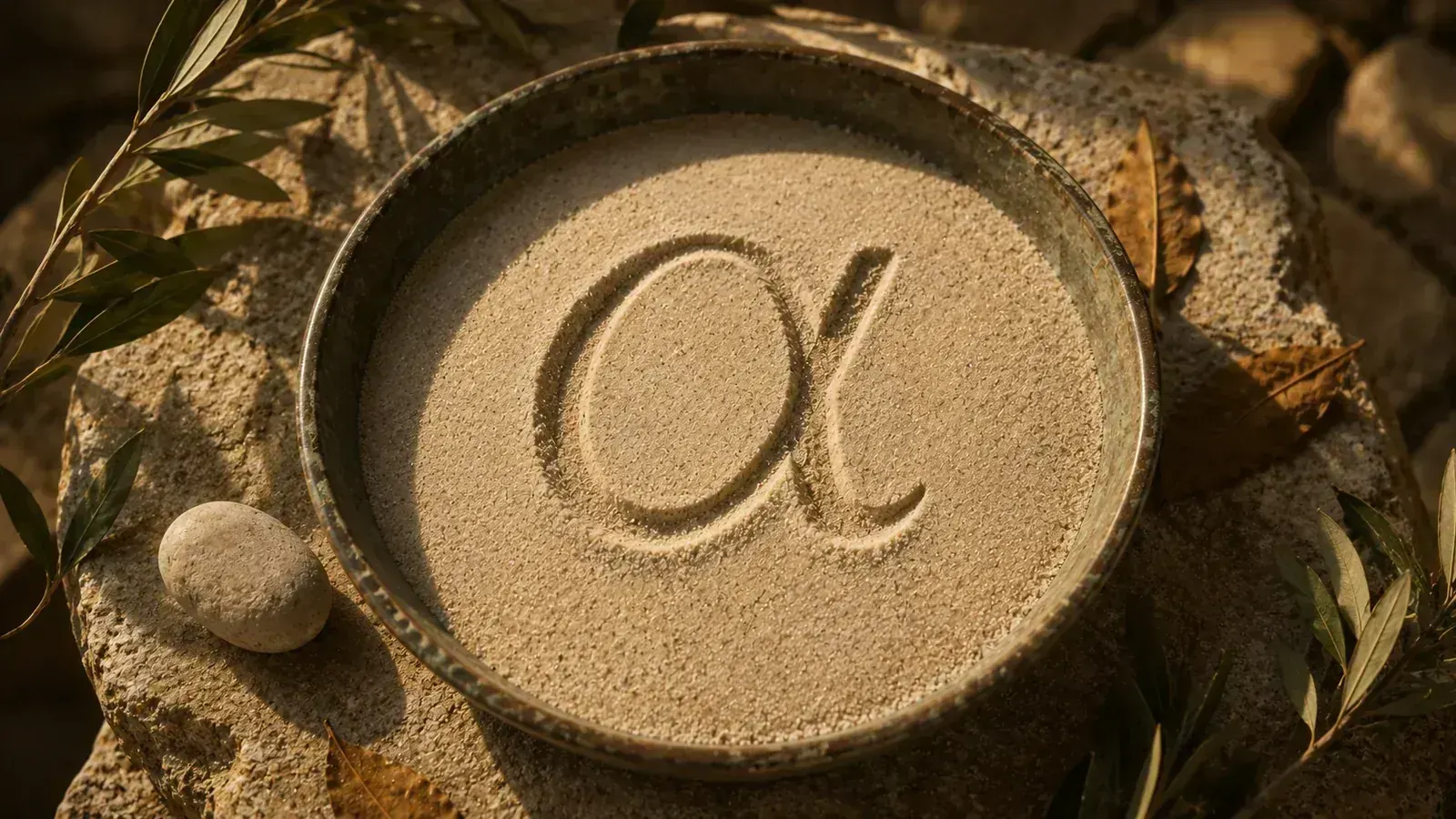Bronze-Schale mit Sand, in den der griechische Buchstabe Alpha (α) gezeichnet ist