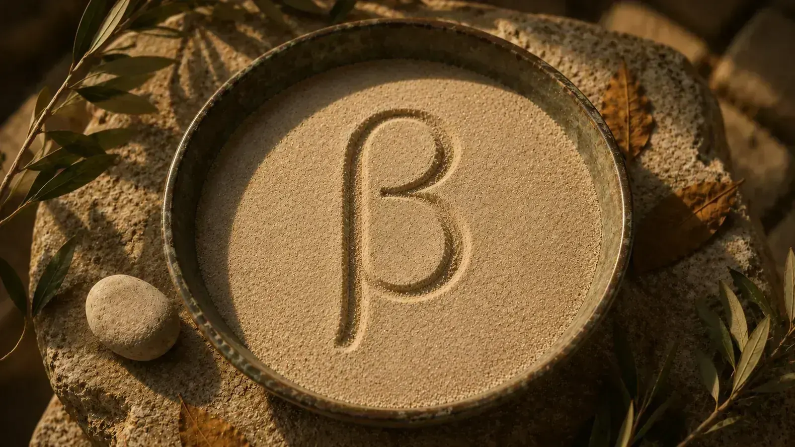Bronze-Schale mit Sand, in den der griechische Buchstabe Beta (β) gezeichnet ist