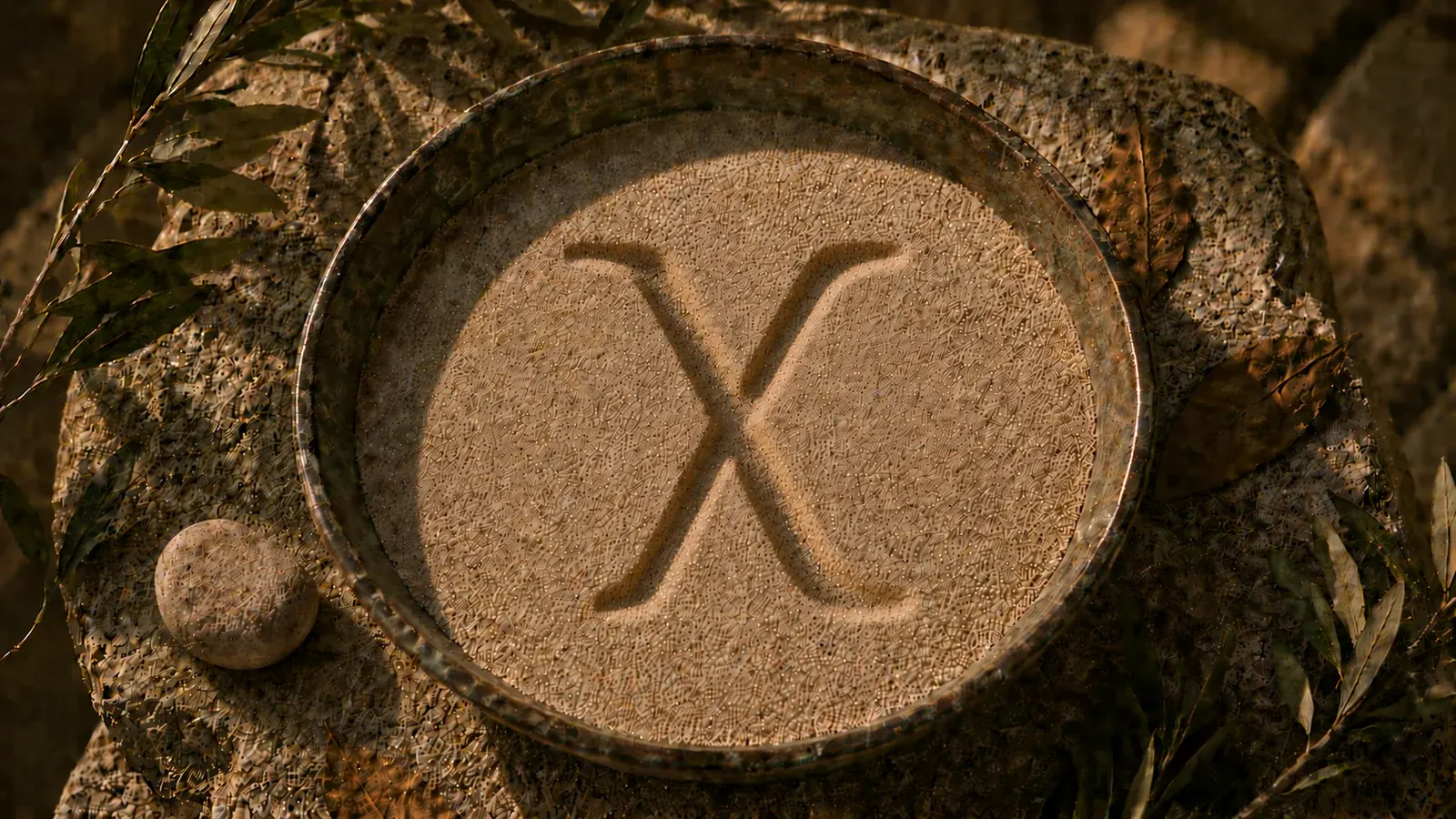 Bronze-Schale mit Sand, in den der griechische Buchstabe Chi (χ) gezeichnet ist