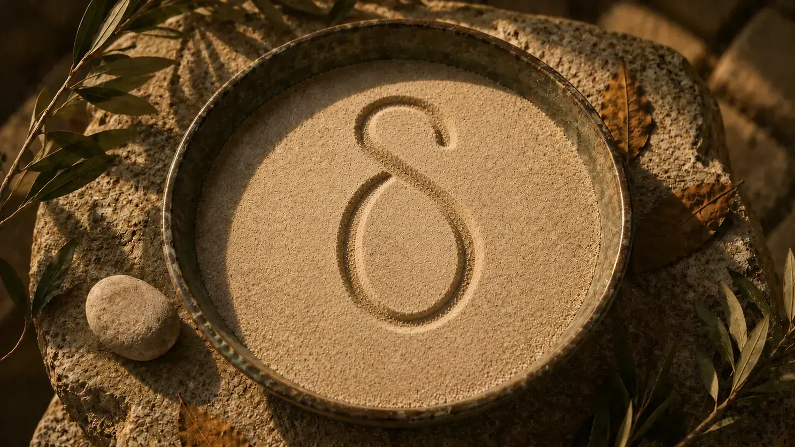 Bronze-Schale mit Sand, in den der griechische Buchstabe Delta (δ) gezeichnet ist
