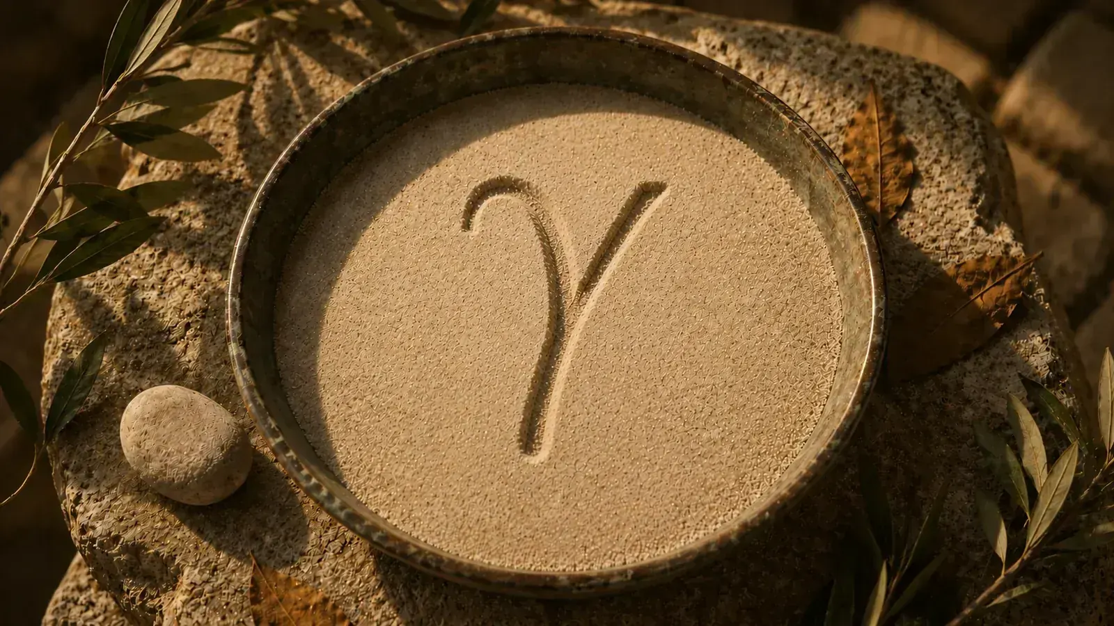 Bronze-Schale mit Sand, in den der griechische Buchstabe Gamma (γ) gezeichnet ist