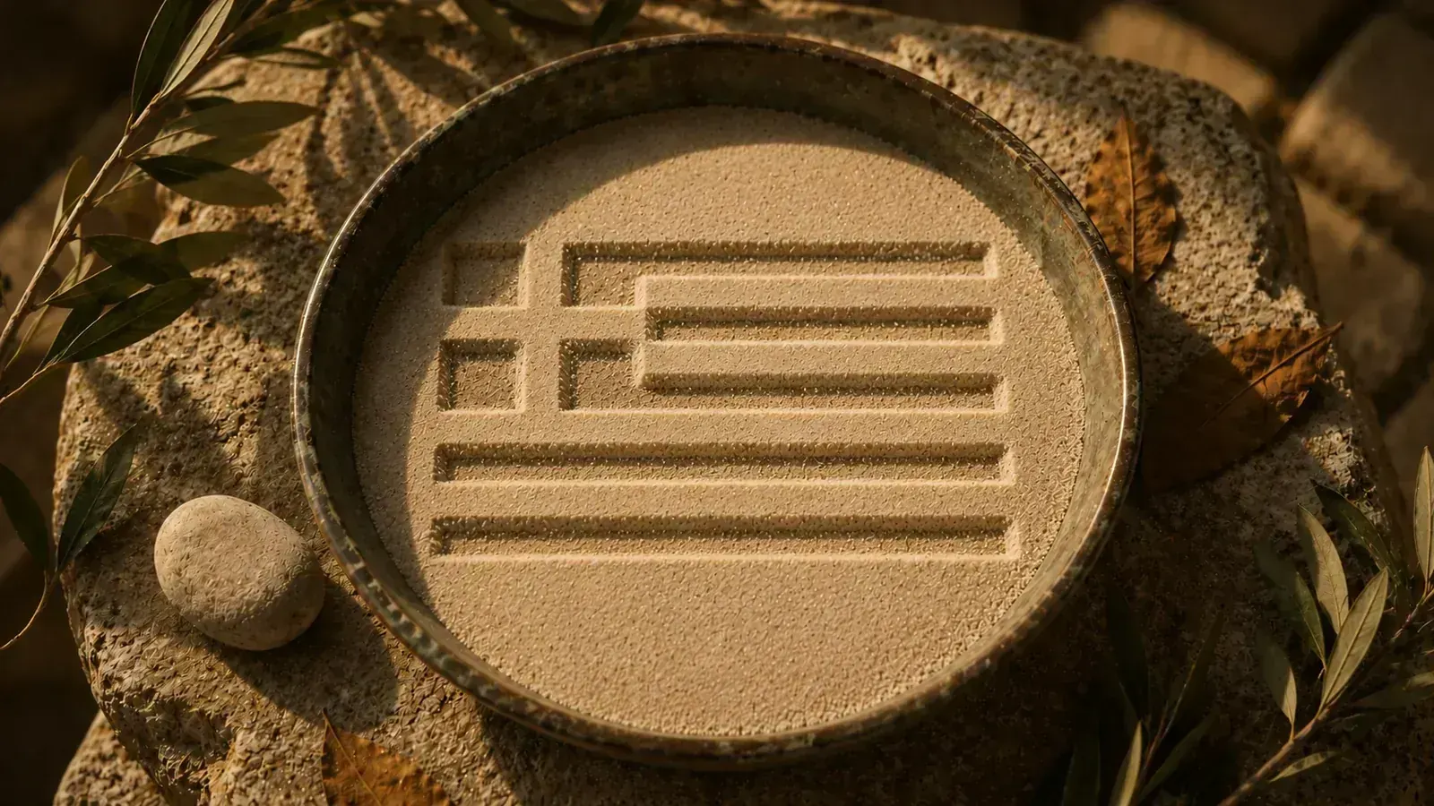 Bronze-Schale mit Sand, in den die griechische Flagge gezeichnet ist