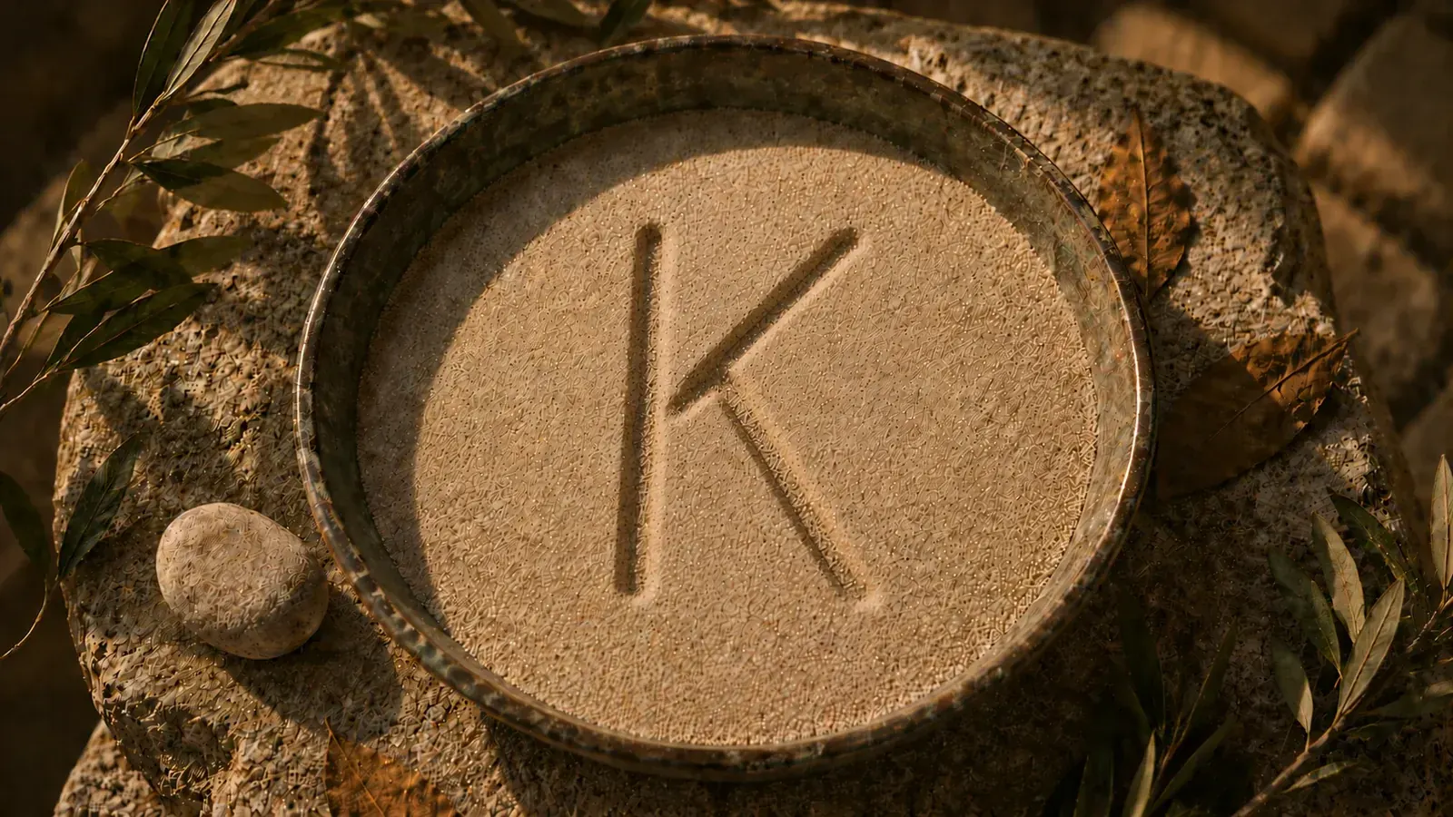 Bronze-Schale mit Sand, in den der griechische Buchstabe Kappa (κ) gezeichnet ist