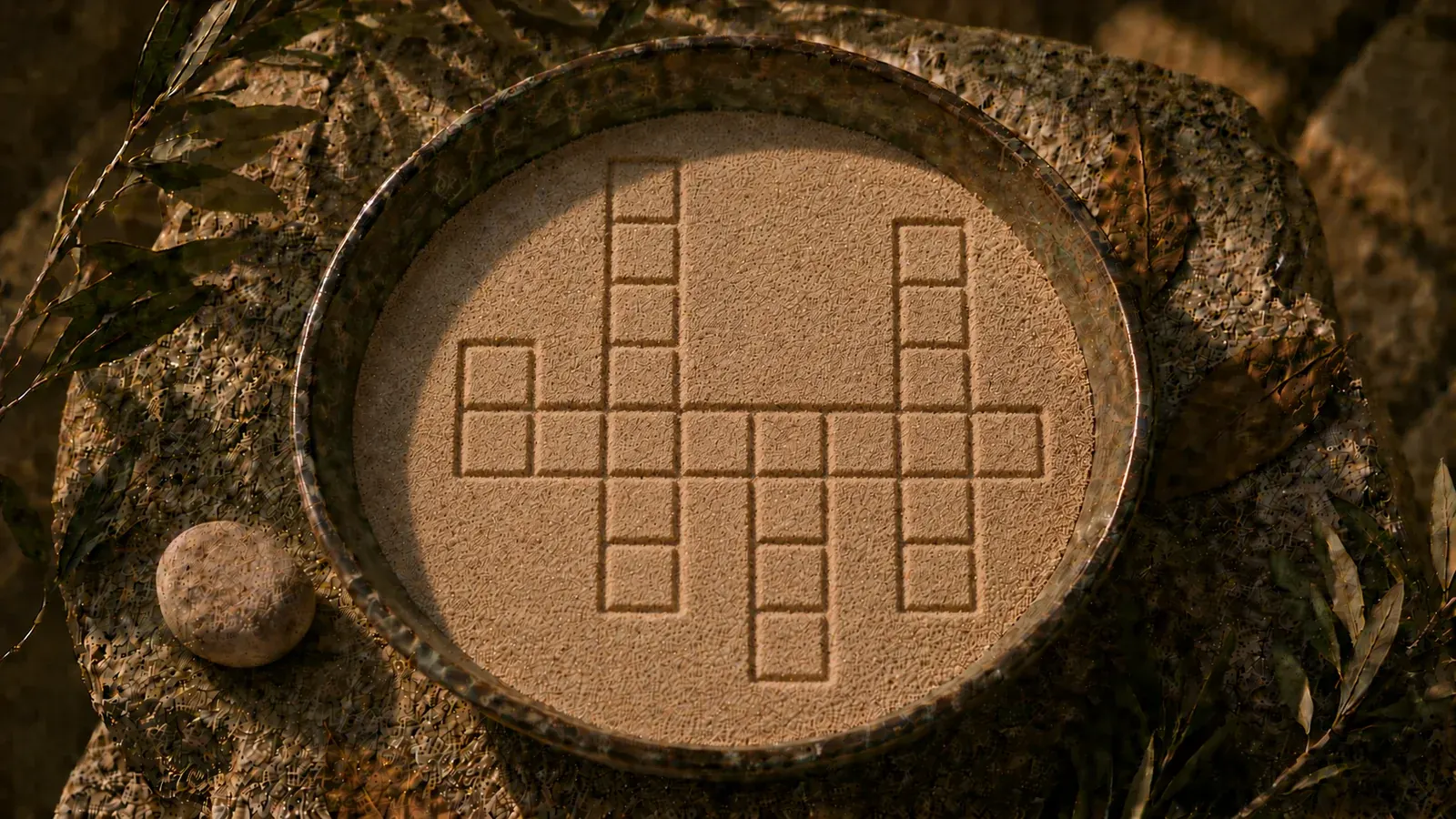 Bronze-Schale mit Sand, in den ein leeres Kreuzwort-Gitter mit griechischen Buchstaben gezeichnet ist