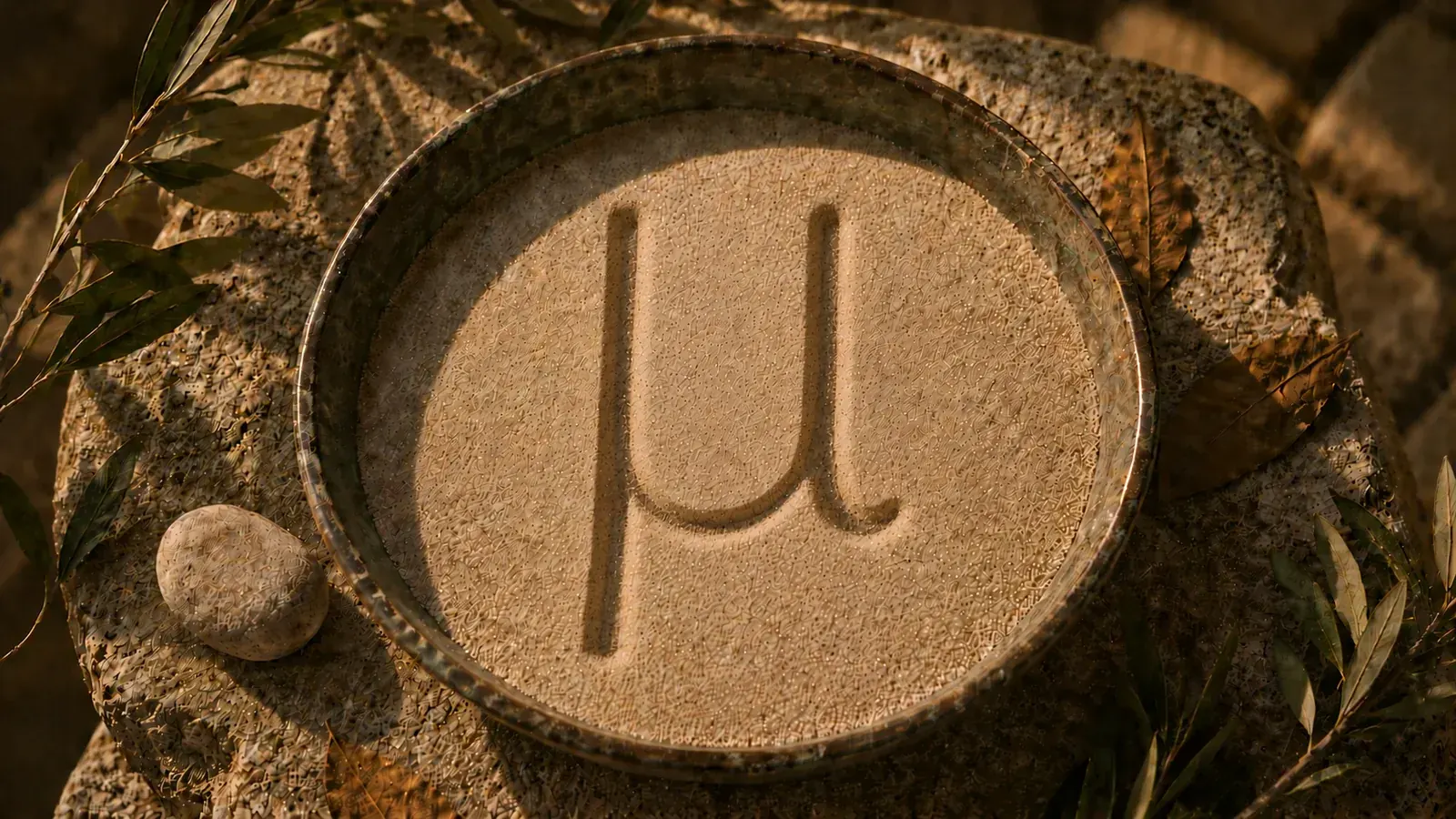 Bronze-Schale mit Sand, in den der griechische Buchstabe My (μ) gezeichnet ist