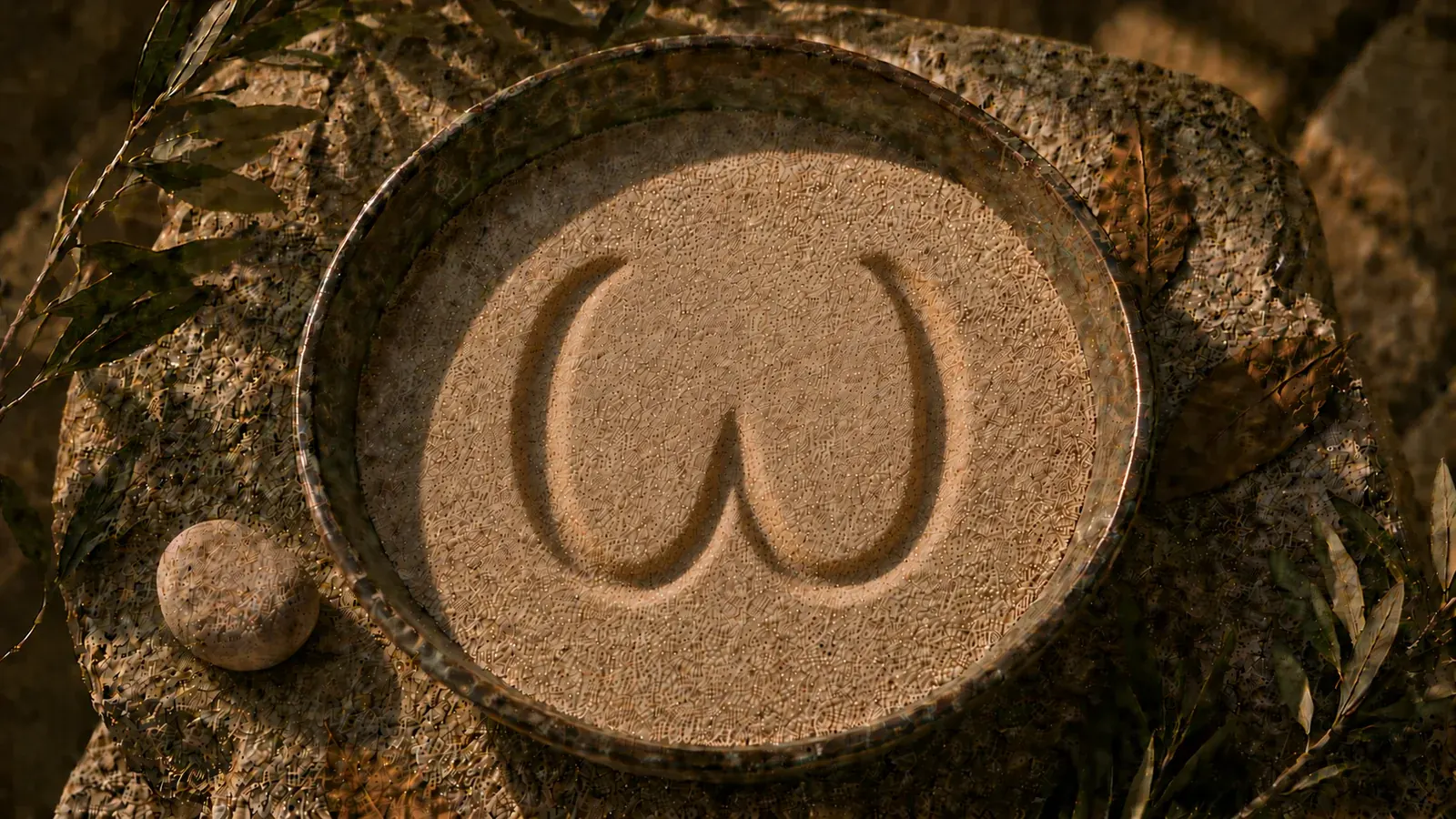 Bronze-Schale mit Sand, in den der griechische Buchstabe Omega (ω) gezeichnet ist