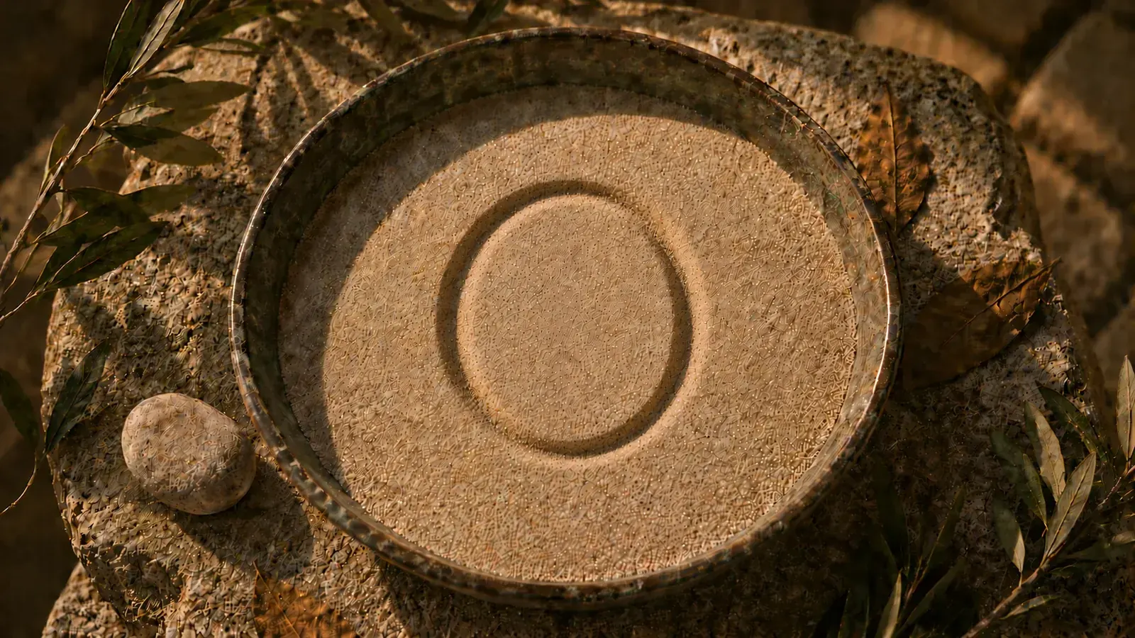 Bronze-Schale mit Sand, in den der griechische Buchstabe Omikron (ο) gezeichnet ist