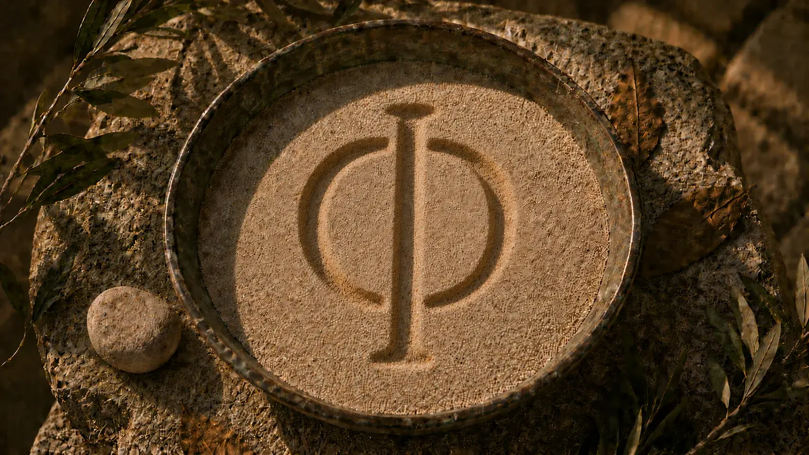 Bronze-Schale mit Sand, in den der griechische Buchstabe Phi (φ) gezeichnet ist