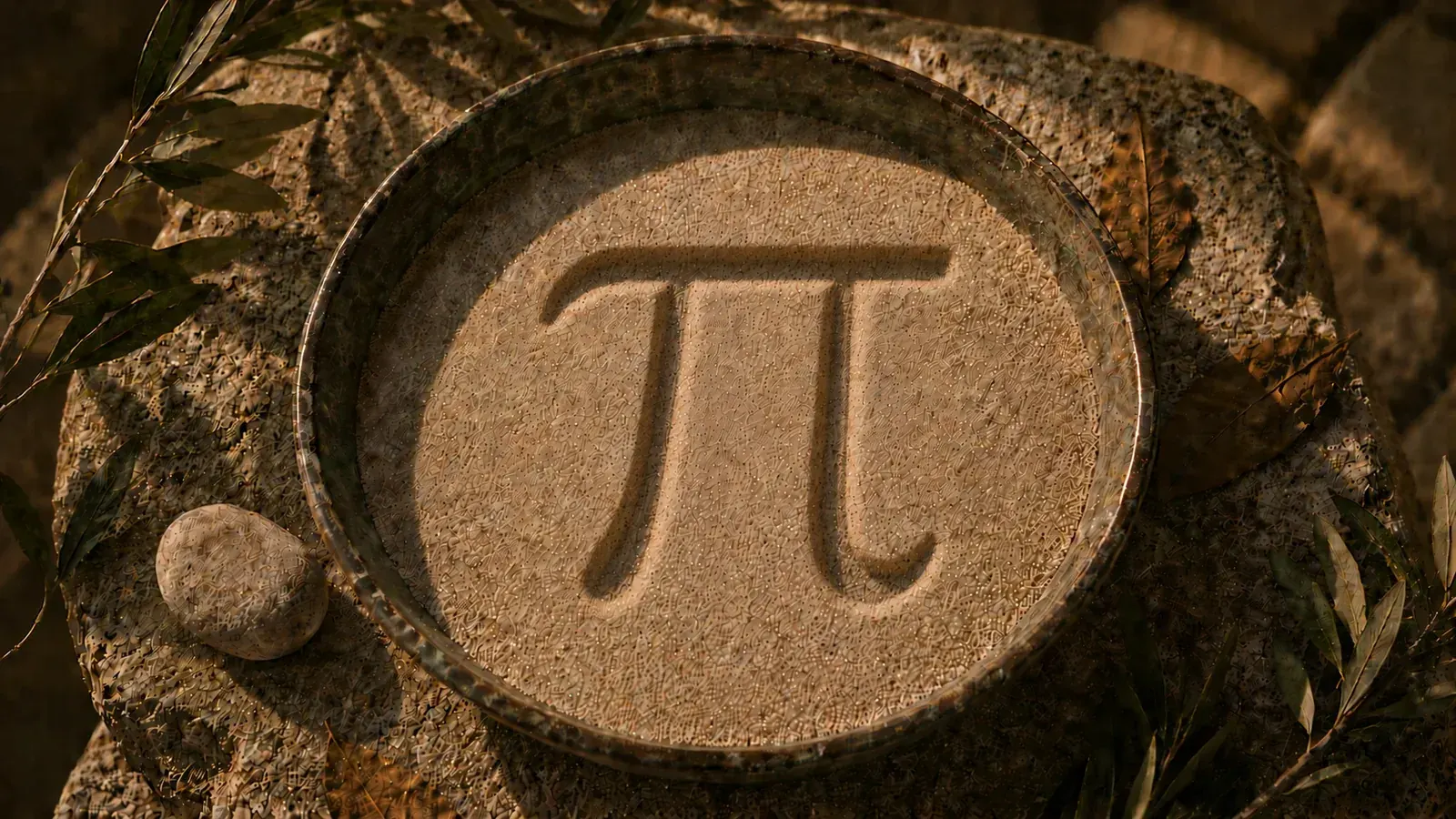 Bronze-Schale mit Sand, in den der griechische Buchstabe Pi (π) gezeichnet ist