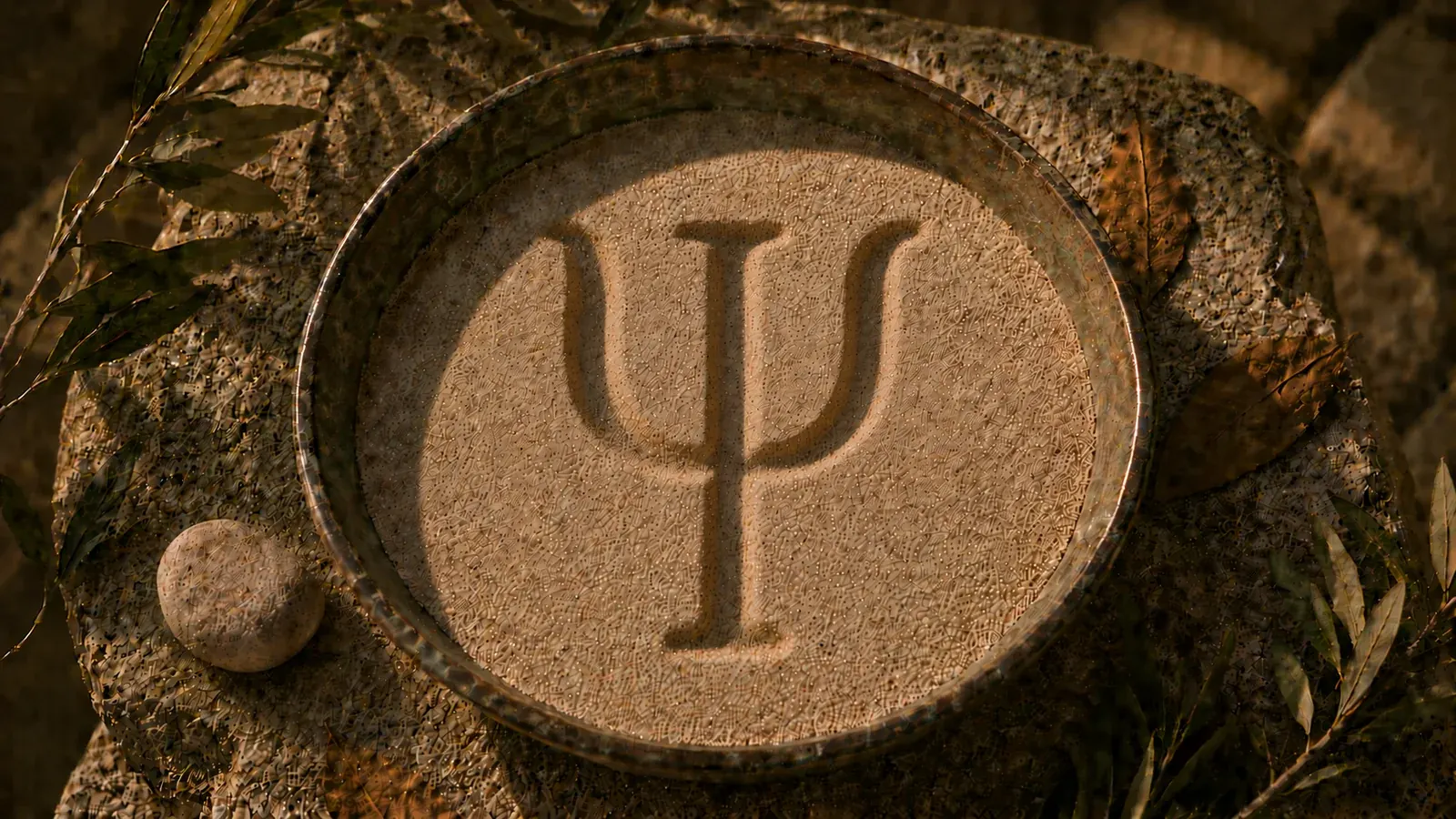 Bronze-Schale mit Sand, in den der griechische Buchstabe Psi (ψ) gezeichnet ist