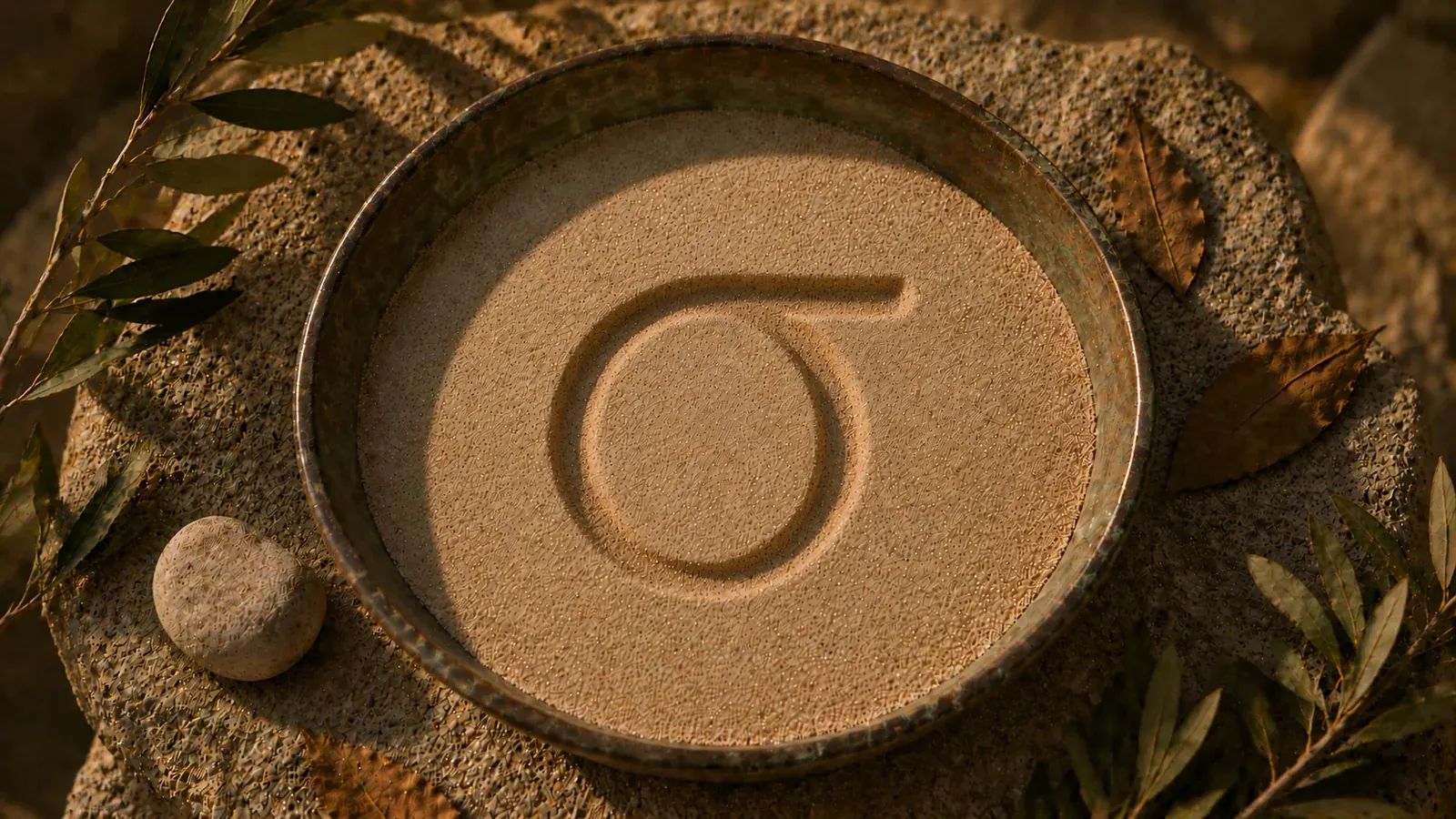 Bronze-Schale mit Sand, in den der griechische Buchstabe Sigma (σ) gezeichnet ist