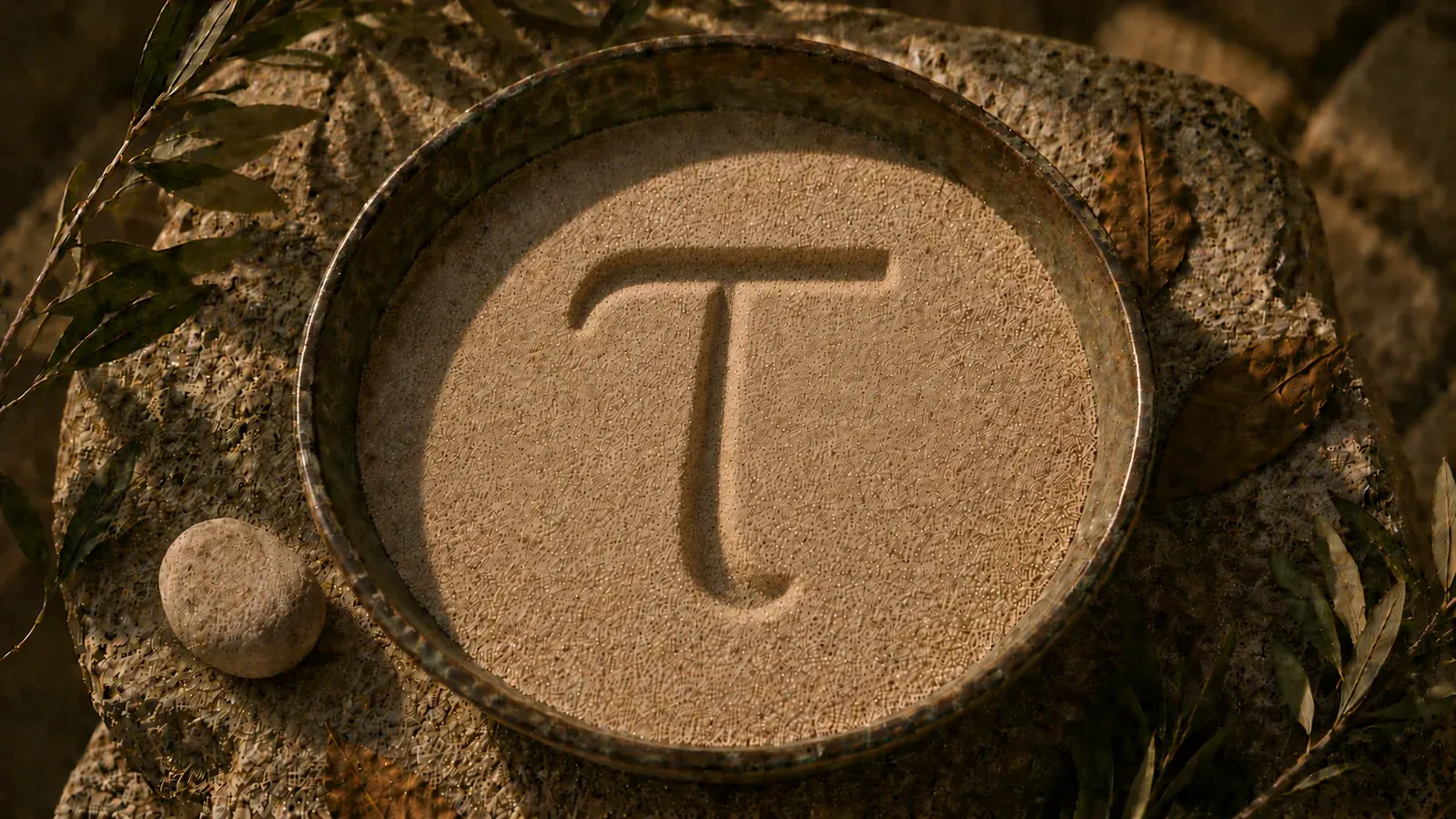 Bronze-Schale mit Sand, in den der griechische Buchstabe Tau (τ) gezeichnet ist