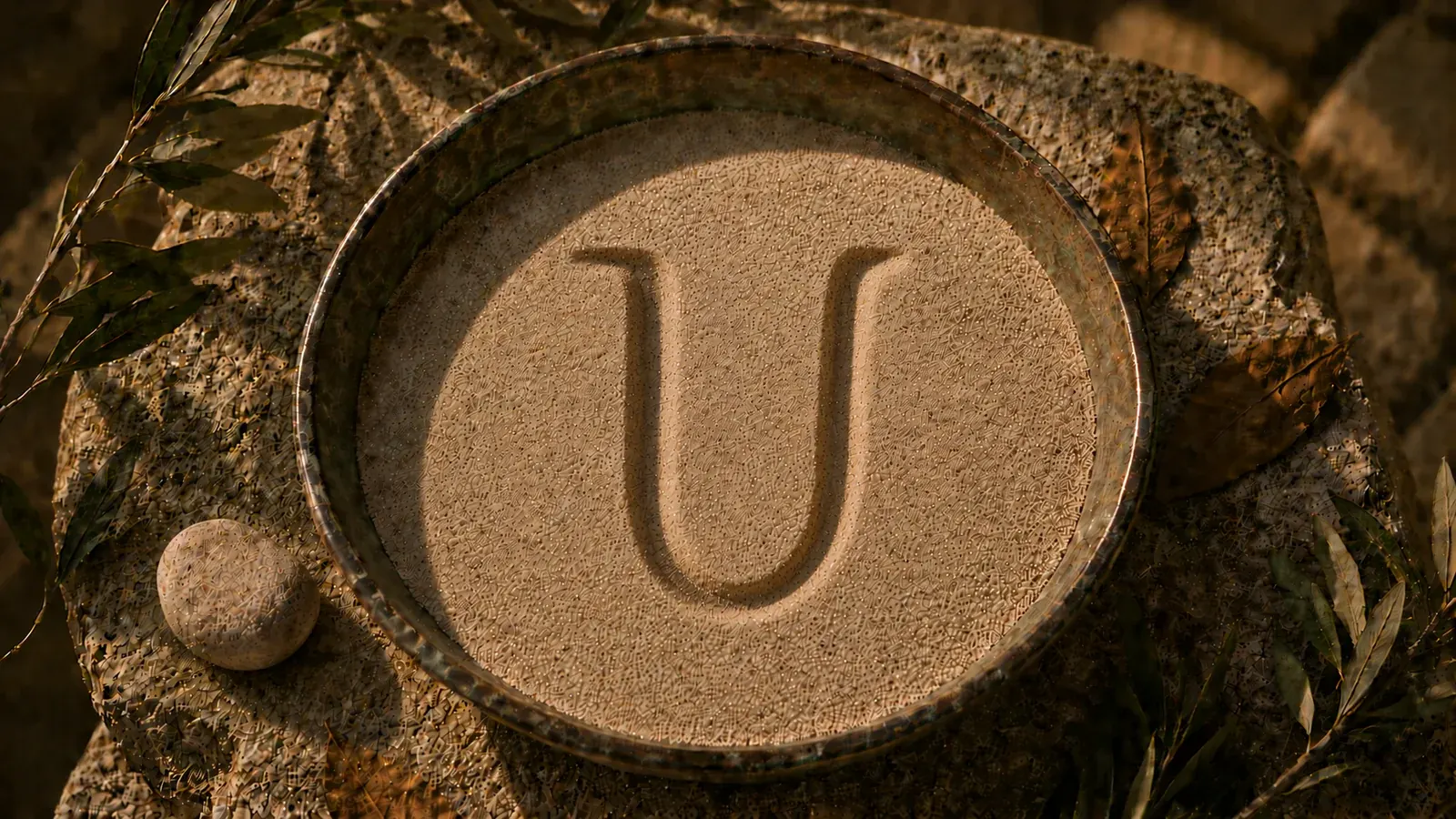 Bronze-Schale mit Sand, in den der griechische Buchstabe Ypsilon (υ) gezeichnet ist