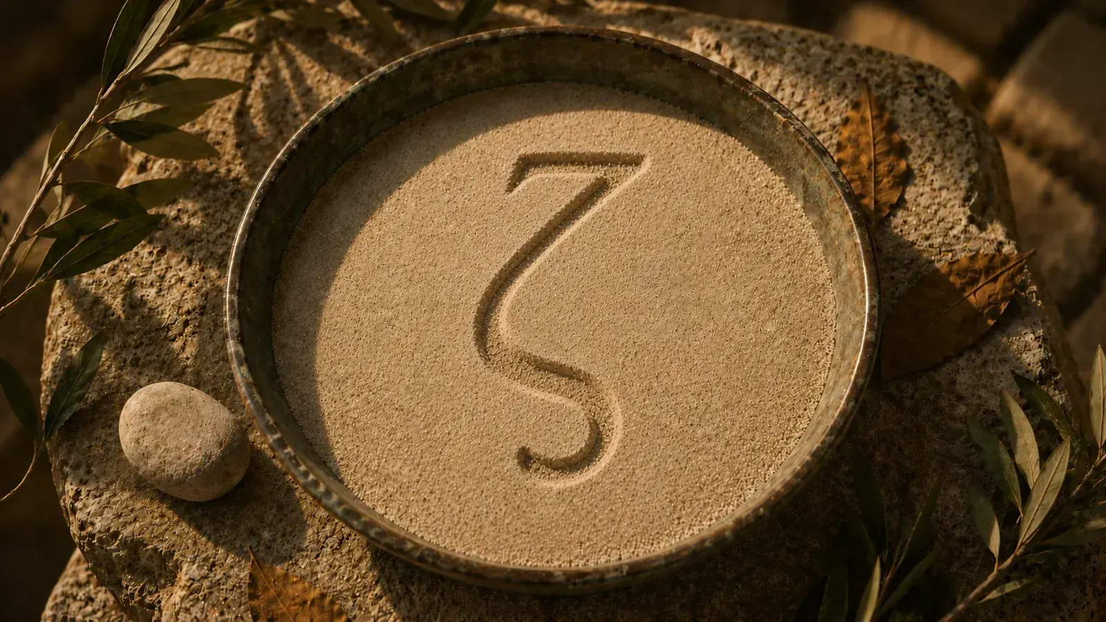 Bronze-Schale mit Sand, in den der griechische Buchstabe Zeta (ζ) gezeichnet ist